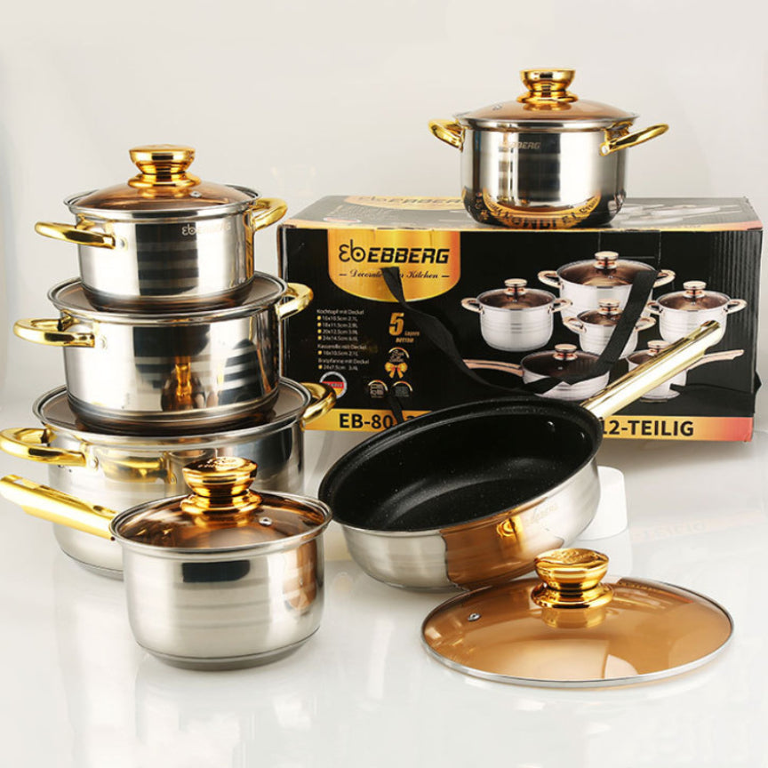 Gold Handle 12PCs Suit Seven-layer Double Bottom Set Pot